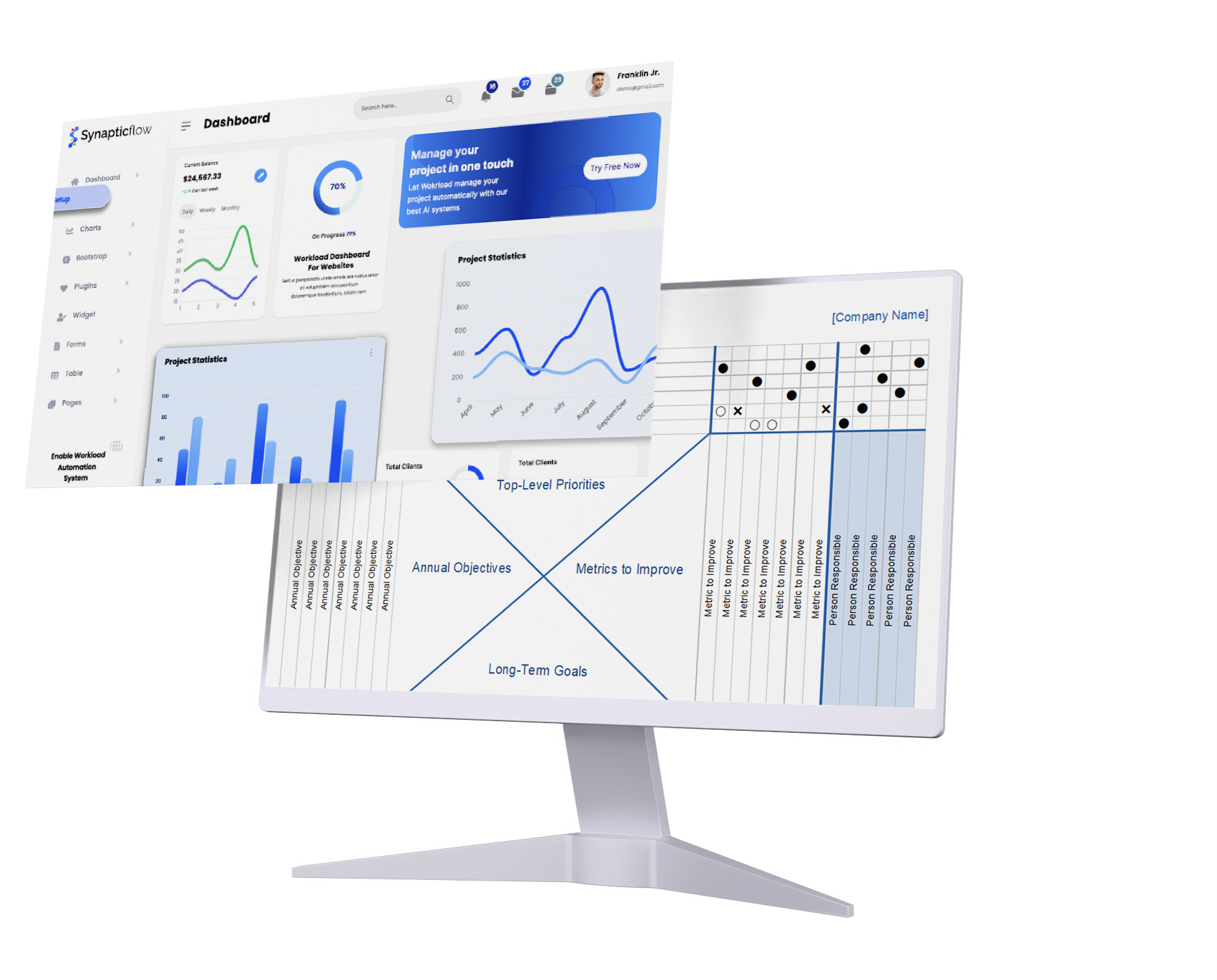 screen showcasing synapticflow dashboard and X-Matrix