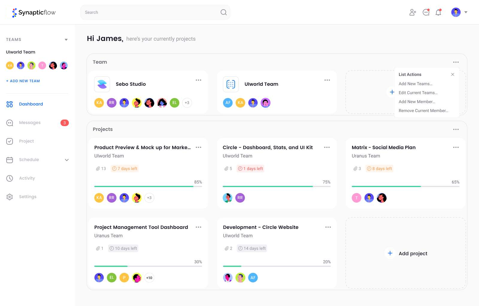 Dashboard showing on-going projects