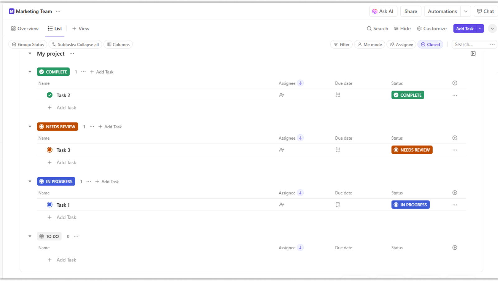 Dashboard showing task status